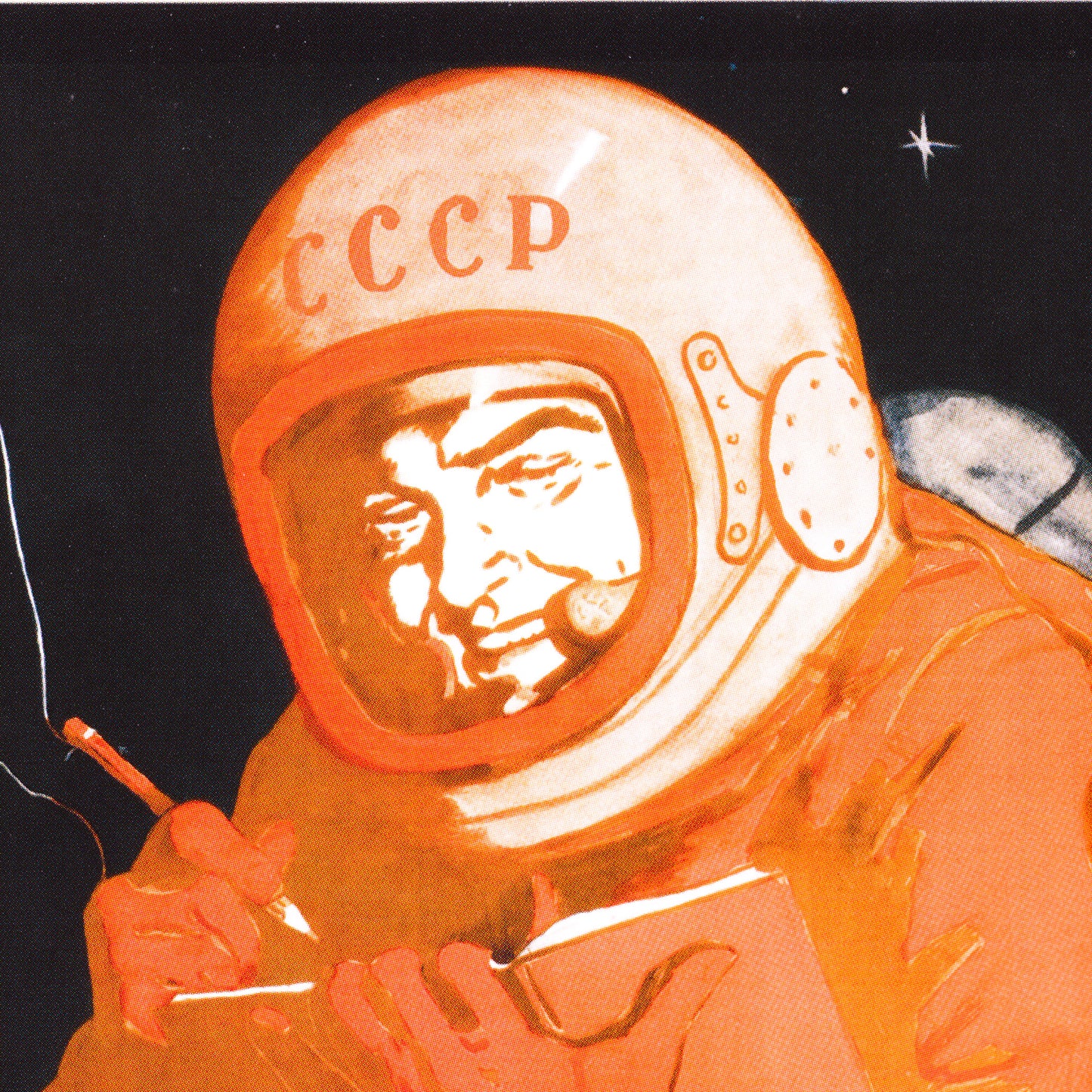 Vintage Soviet space poster featuring a cosmonaut floating in outer space, performing maintenance on the Voskhod spacecraft. The cosmonaut is writing in a notebook while Earth with a red star shines in the background. High-quality retro space race artwork from the USSR era.
