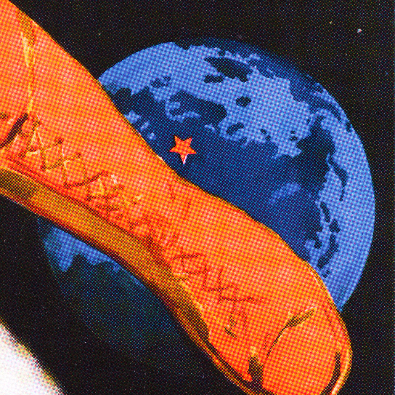 Vintage Soviet space poster featuring a cosmonaut floating in outer space, performing maintenance on the Voskhod spacecraft. The cosmonaut is writing in a notebook while Earth with a red star shines in the background. High-quality retro space race artwork from the USSR era.