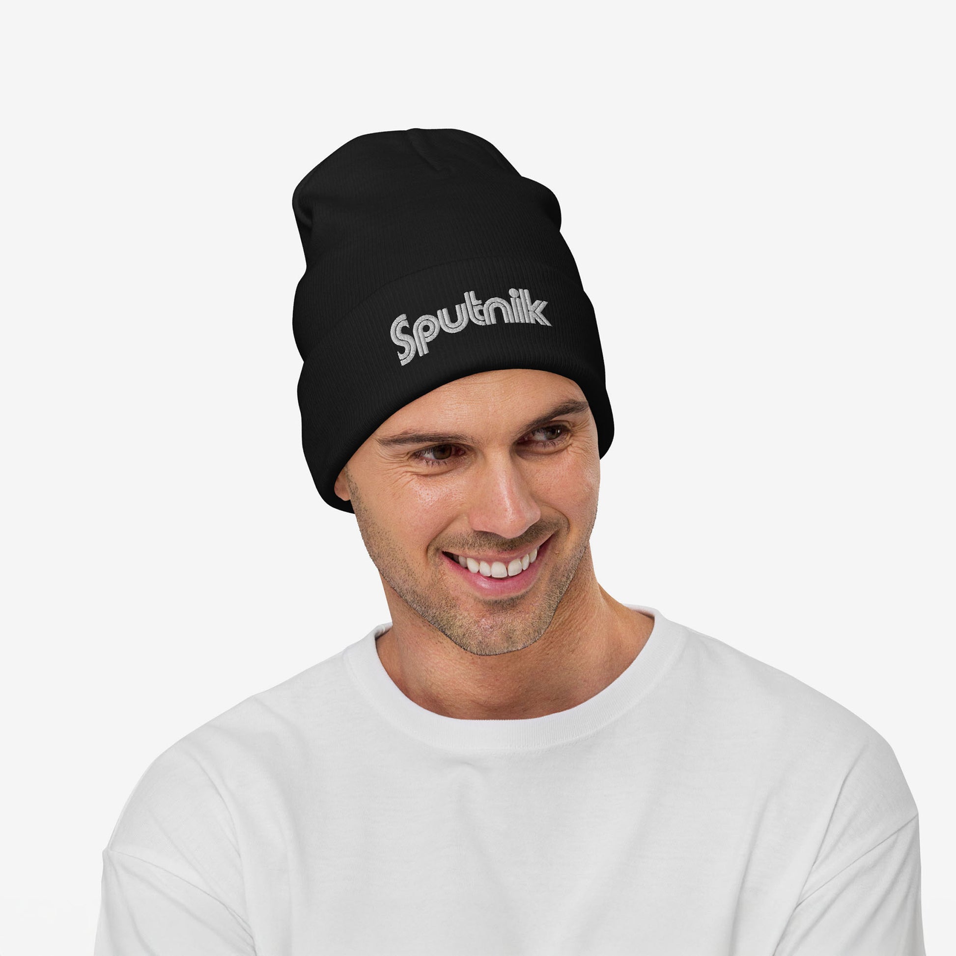 Black unisex beanie with Sputnik Logo - Vintage Soviet space design