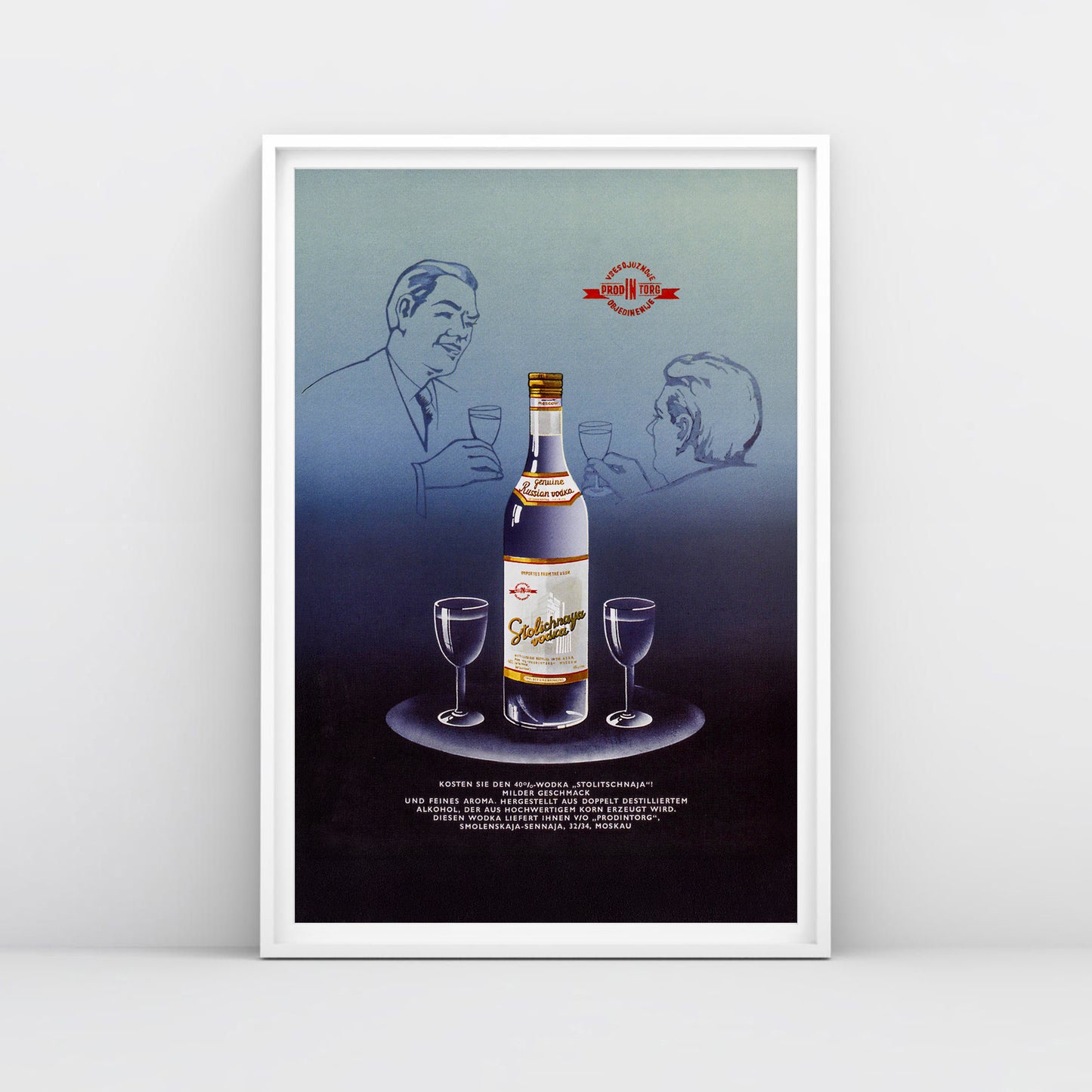 Vintage Soviet advertising poster for Stolichnaya Vodka, featuring bold typography and classic USSR design.