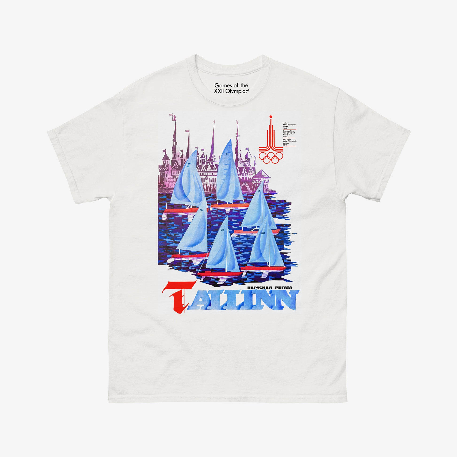 Tallinn 1980 Soviet Olympic unisex T-shirt with sailing regatta and Estonian Old Town skyline. www.artsoviet.com