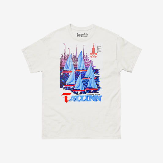 Tallinn 1980 Olympic T-shirt with Soviet sailing regatta artwork and Estonian Old Town skyline. Unisex tee from artsoviet.com