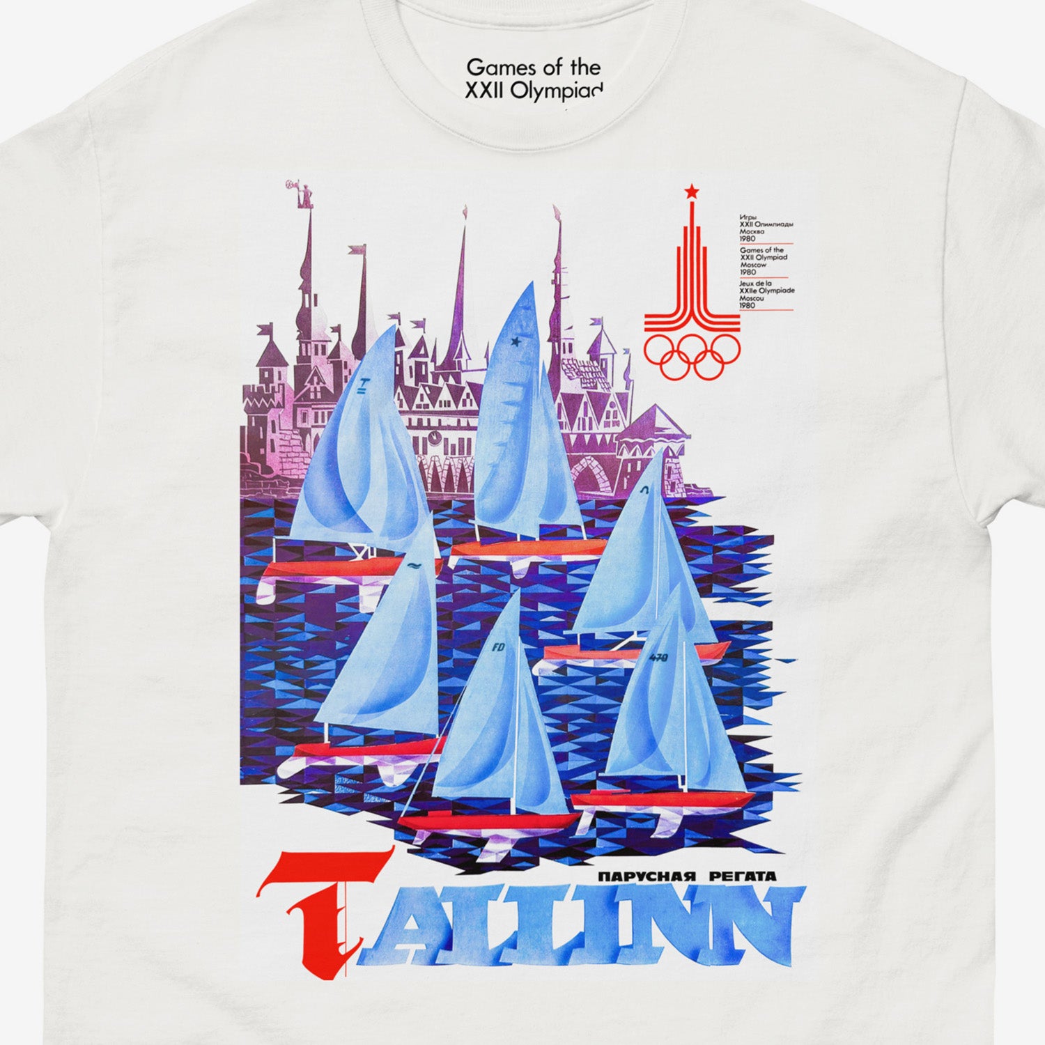 Tallinn 1980 Soviet Olympic unisex T-shirt with sailing regatta and Estonian Old Town skyline. Closeup photo. www.artsoviet.com