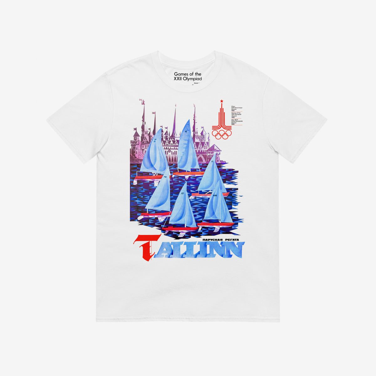 Tallinn 1980 Soviet sport unisex T-shirt with sailing regatta and Estonian Old Town skyline