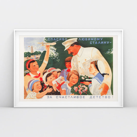 Front view of the poster showcasing the children and Stalin’s portrait, shot in a minimalist setting with natural lighting