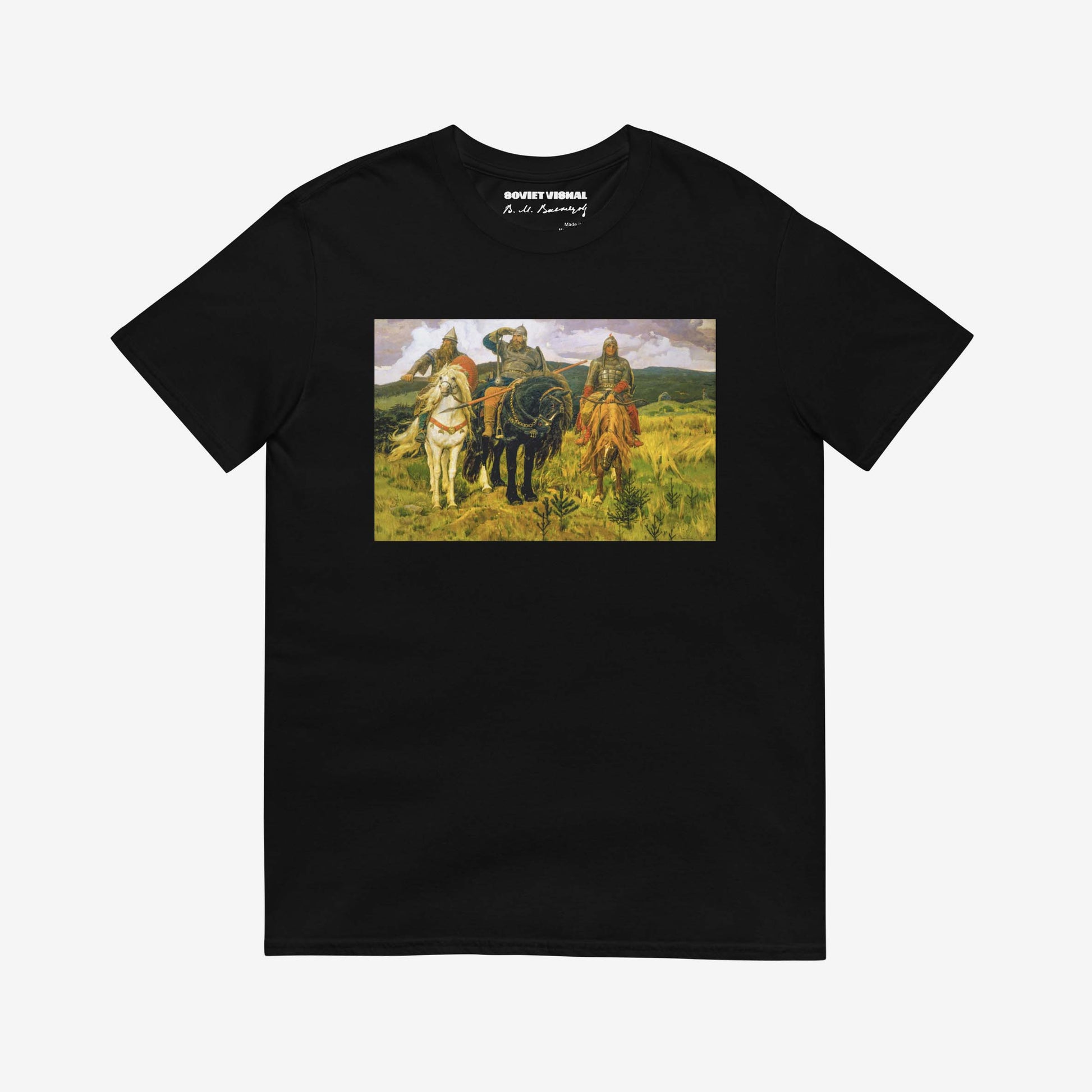T-shirt featuring Viktor Vasnetsov's Three Bogatyrs painting, depicting three legendary Russian warriors in a high-quality print.