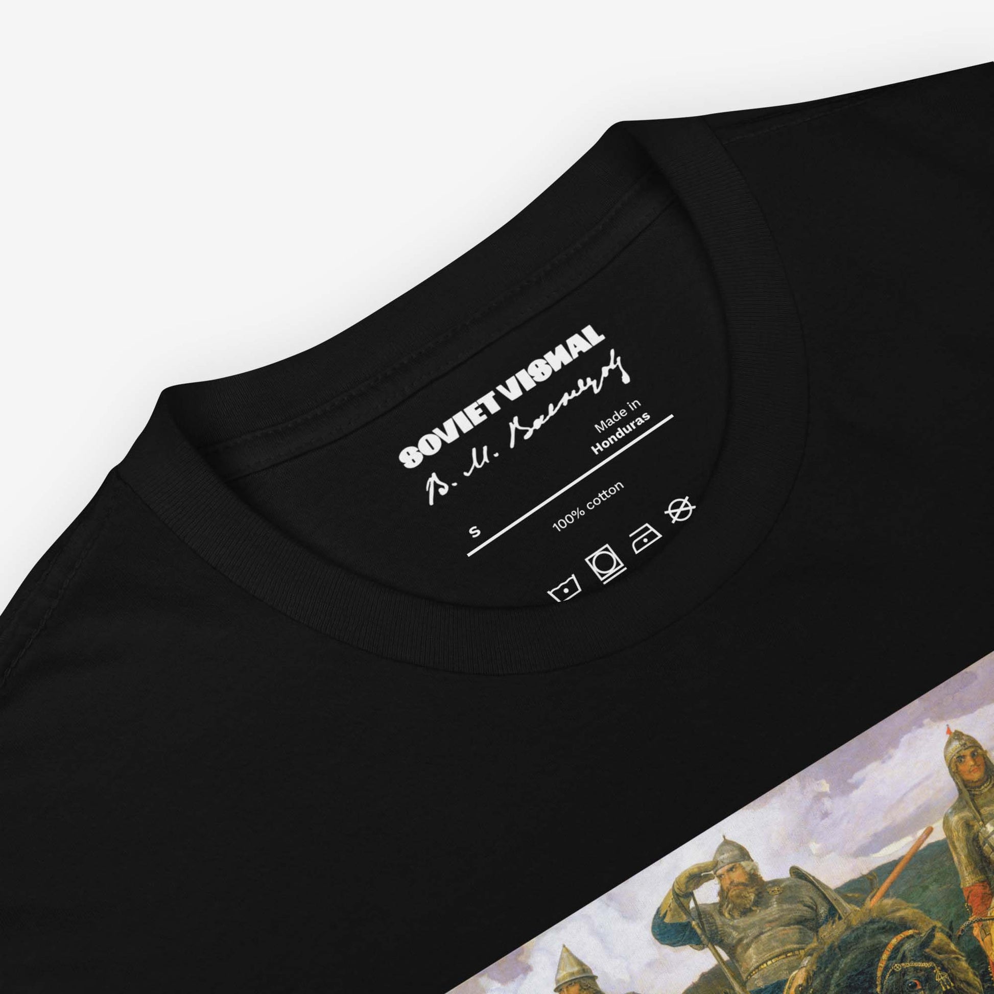 T-shirt featuring Viktor Vasnetsov's Three Bogatyrs painting, depicting three legendary Russian warriors in a high-quality print.
