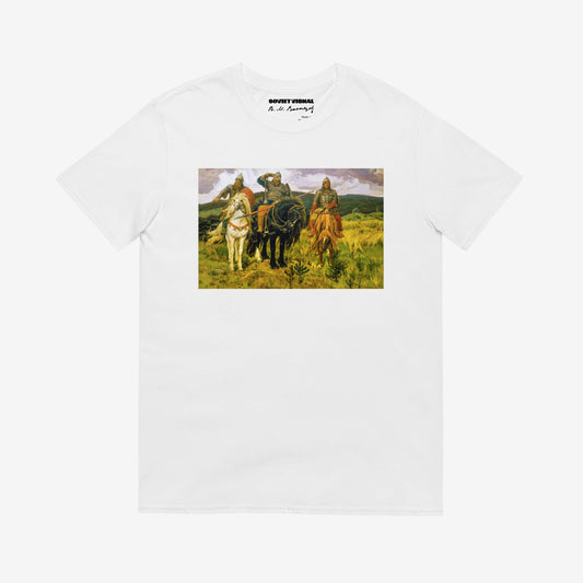 T-shirt featuring Viktor Vasnetsov's Three Bogatyrs painting, depicting three legendary Russian warriors in a high-quality print.