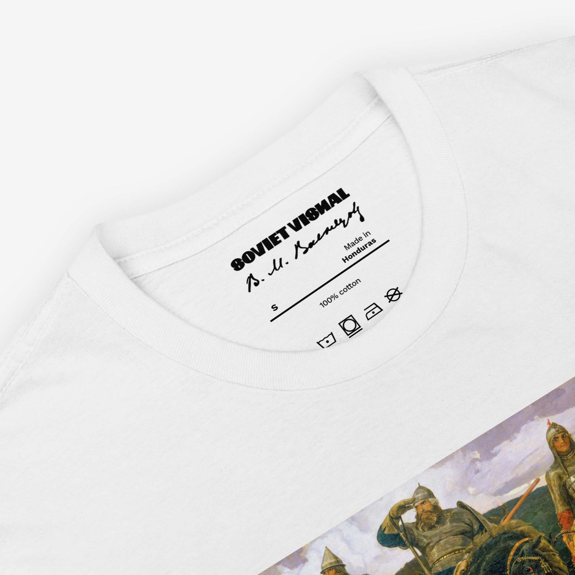 T-shirt featuring Viktor Vasnetsov's Three Bogatyrs painting, depicting three legendary Russian warriors in a high-quality print.