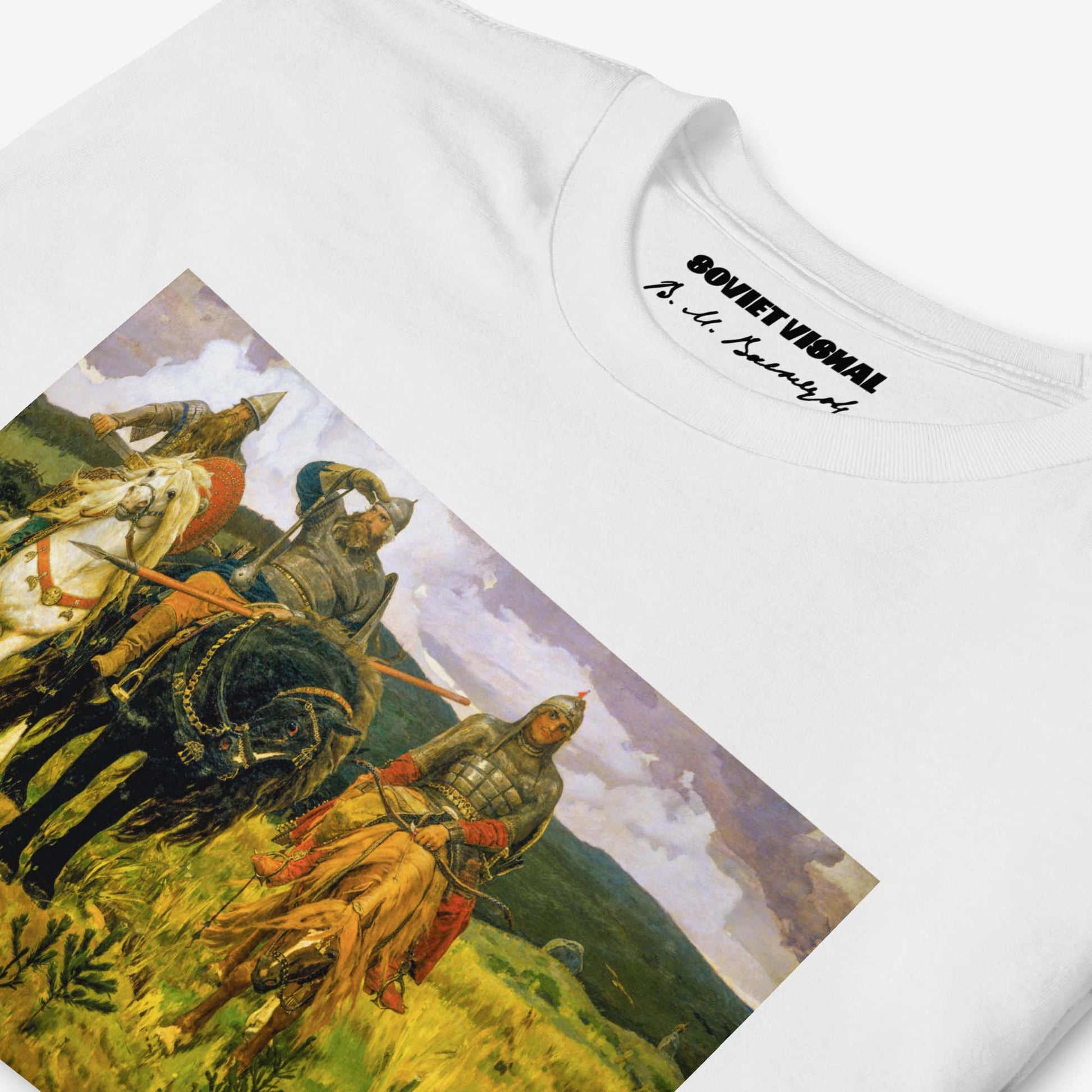 T-shirt featuring Viktor Vasnetsov's Three Bogatyrs painting, depicting three legendary Russian warriors in a high-quality print.