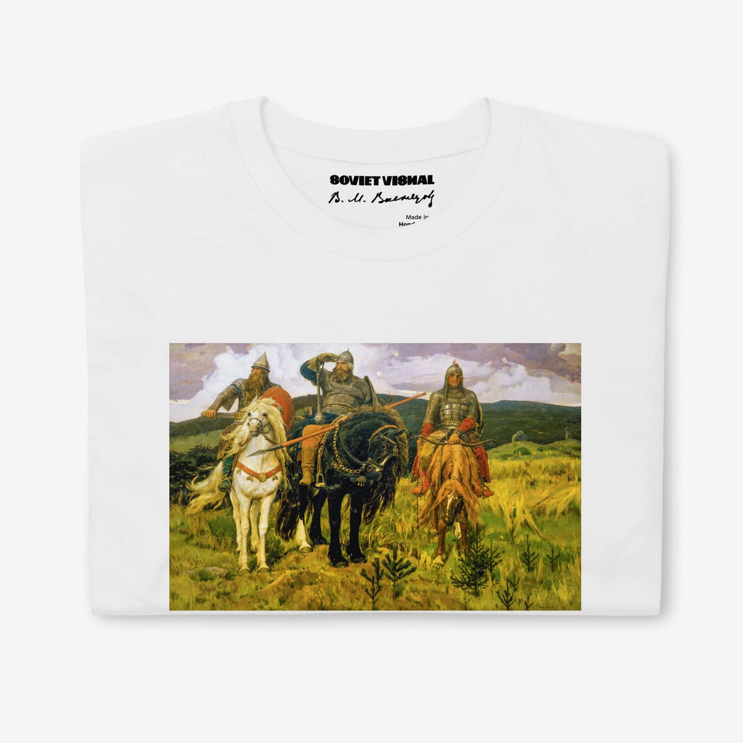 T-shirt featuring Viktor Vasnetsov's Three Bogatyrs painting, depicting three legendary Russian warriors in a high-quality print.