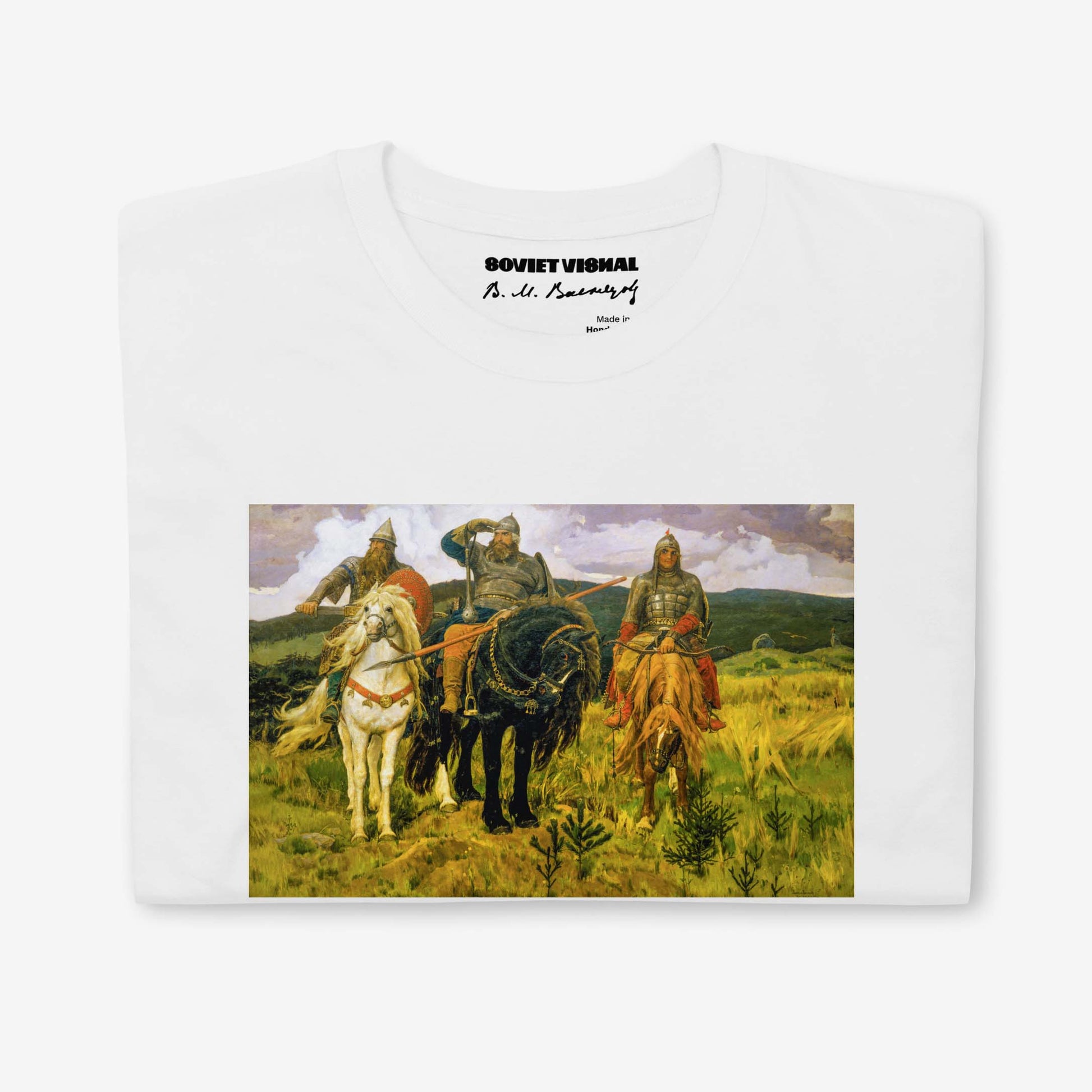 T-shirt featuring Viktor Vasnetsov's Three Bogatyrs painting, depicting three legendary Russian warriors in a high-quality print.