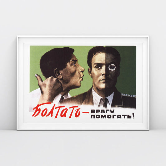 Front view of the poster showcasing the loose-lipped individual and enemy spy, shot in a minimalist setting with natural lighting