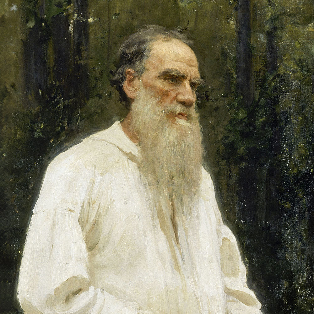 Closeup of the painting with Shoeless Tolstoy in forest by Ilya Repin, from Russian Museum