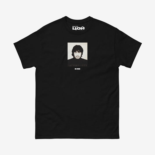 Rare Viktor Tsoi passport photo with a small KINO band logo underneath it, on the front of a heavyweight black unisex t-shirt