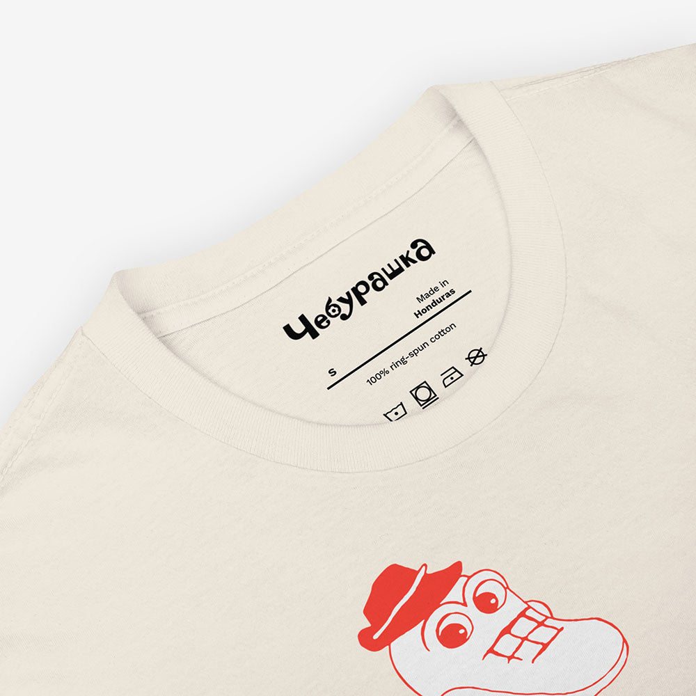 Unisex t-shirt with Cheburashka and Gena from Soviet cartoon and Japanese チェブラーシカ text