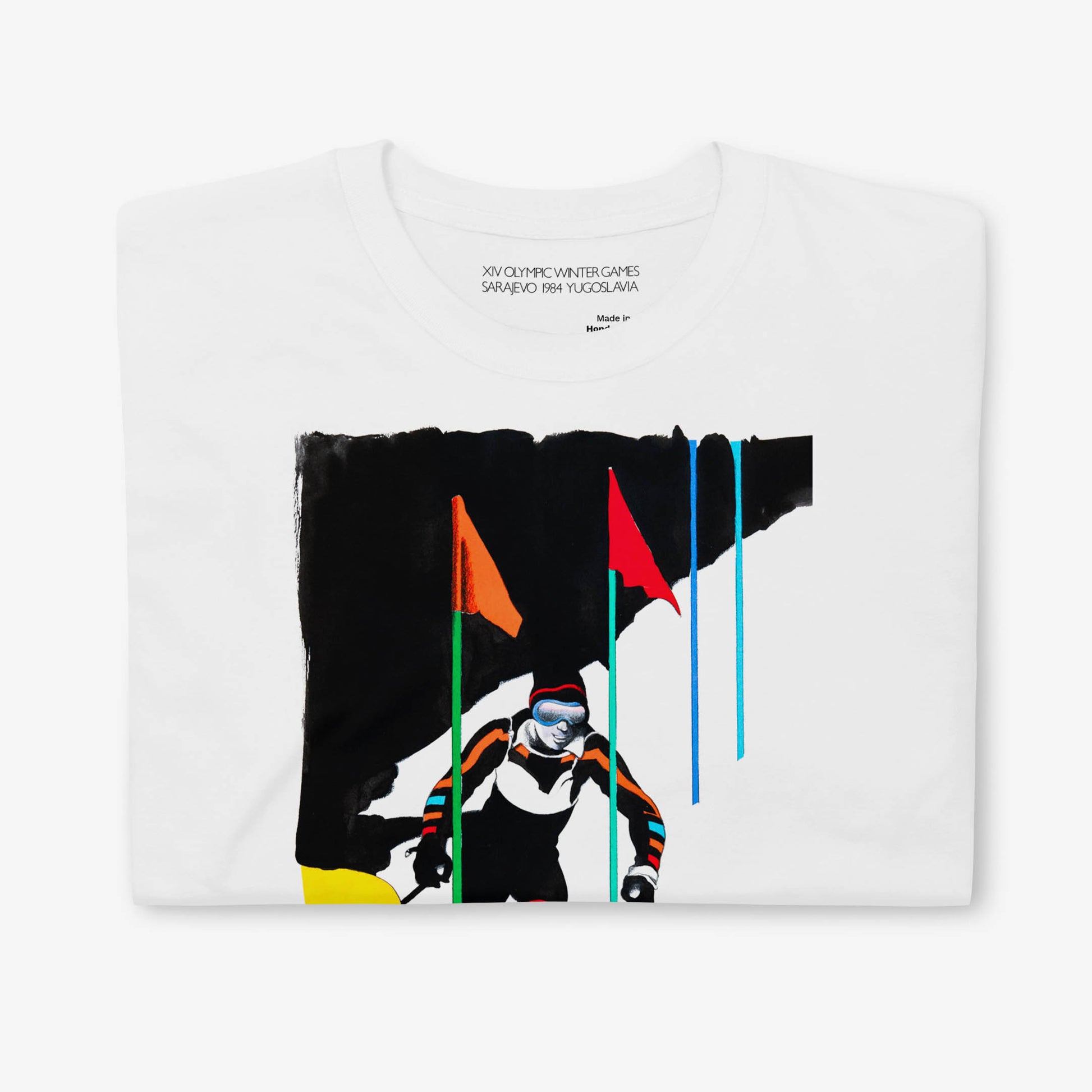 T-shirt with Milton Glaser skier artwork from 1984 Sarajevo Olympics