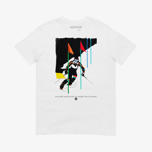 T-shirt with Milton Glaser skier artwork from 1984 Sarajevo Olympics