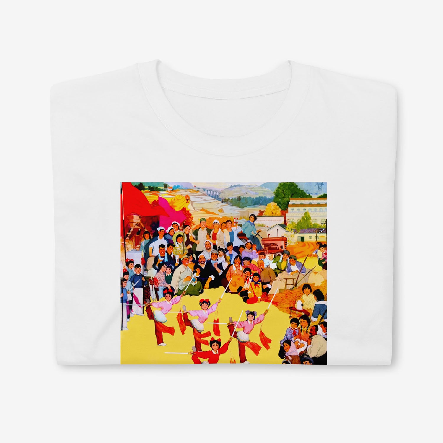 T-shirt with vintage Chinese artwork of a harvest celebration and dancing children. Chinese calligraphy text 在丰牧场上
