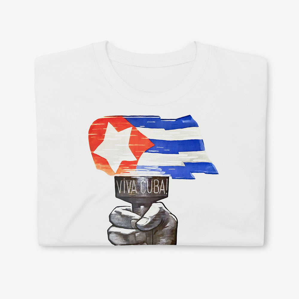 T-shirt with vintage Cuban torch design – raised hand holding flaming Cuban flag, bold red and blue on white cotton.
