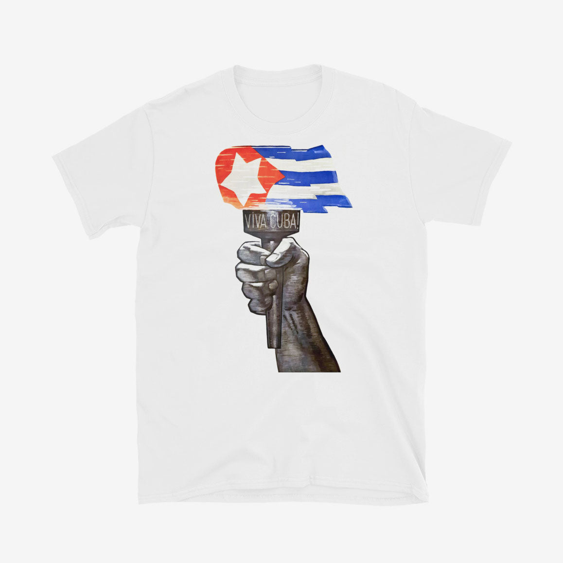 T-shirt with vintage Cuban torch design – raised hand holding flaming Cuban flag, bold red and blue on white cotton.