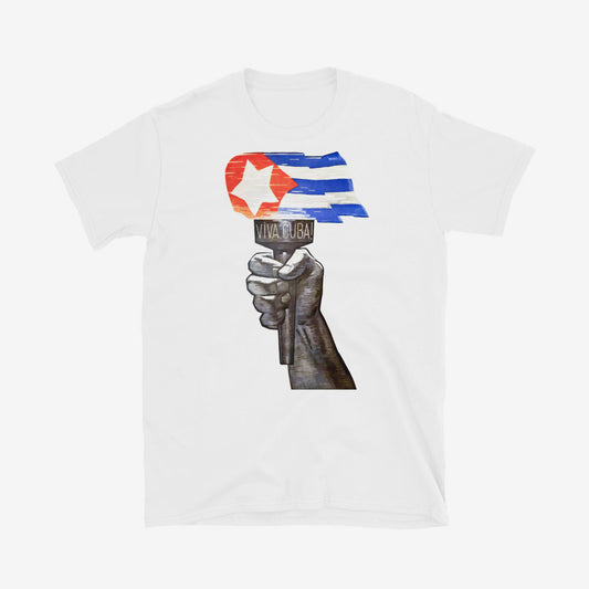 T-shirt with vintage Cuban torch design – raised hand holding flaming Cuban flag, bold red and blue on white cotton.