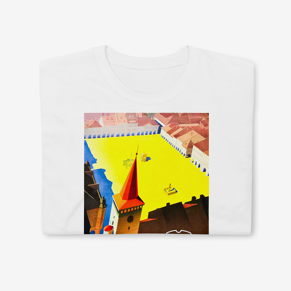 Vintage-style T-shirt with travel artwork with a Czech castle promoting Jičín and Prachov Rocks in Czechoslovakia in cold war era