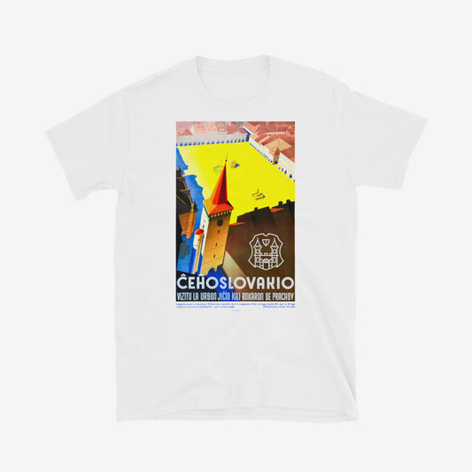Vintage-style T-shirt with travel artwork with a Czech castle promoting Jičín and Prachov Rocks in Czechoslovakia in cold war era
