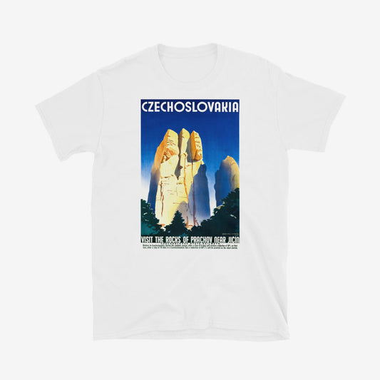 T-shirt with vintage-style Czechoslovakia tourism artwork of Prachov Rocks near Jičín 1936