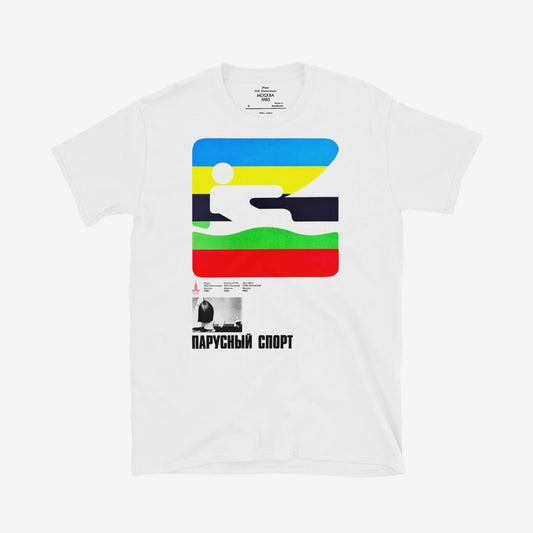 Unisex Moscow 1980 Olympic sailing T-shirt with Soviet stripes and sailing photo