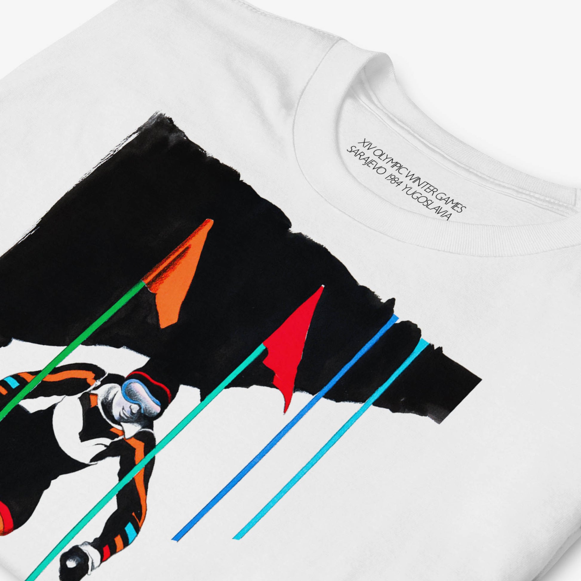T-shirt with Milton Glaser skier artwork from 1984 Sarajevo Olympics