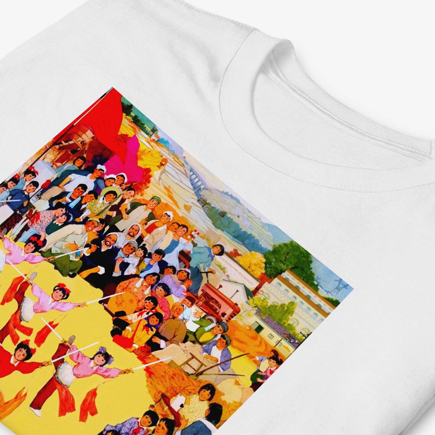 T-shirt with vintage Chinese artwork of a harvest celebration and dancing children. Chinese calligraphy text 在丰牧场上