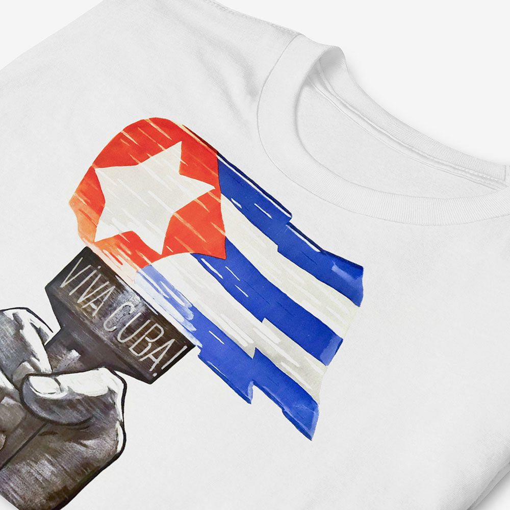 T-shirt with vintage Cuban torch design – raised hand holding flaming Cuban flag, bold red and blue on white cotton.