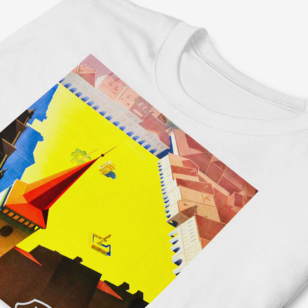 Vintage-style T-shirt with travel artwork with a Czech castle promoting Jičín and Prachov Rocks in Czechoslovakia in cold war era
