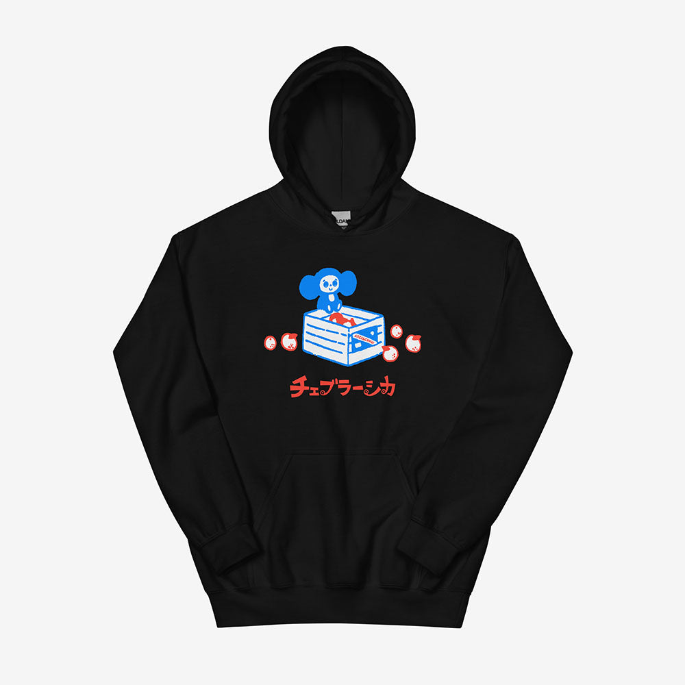 Unisex hoodie with a print of Soviet cartoon Cheburashka on a box of oranges with チェブラーシカ text in Japanese.
