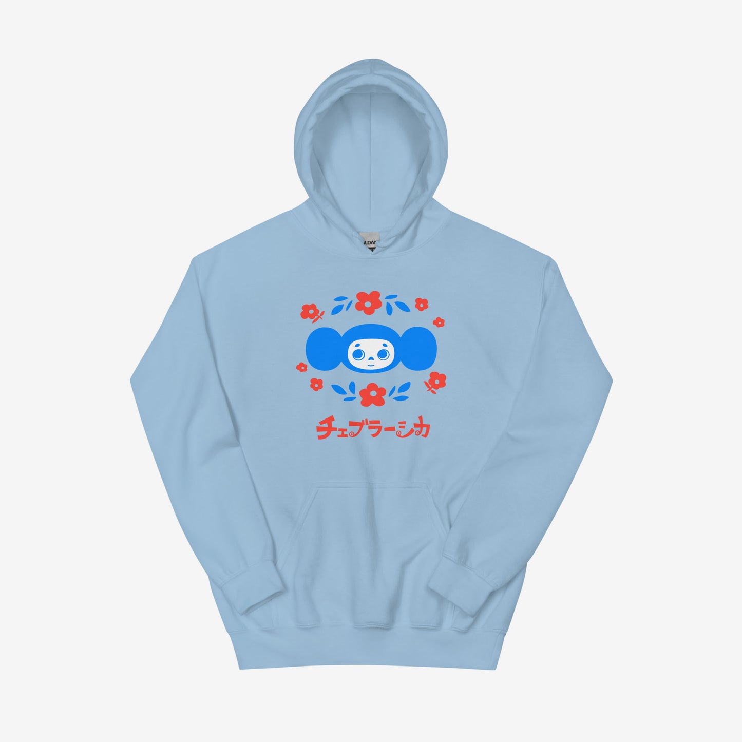 Unisex hoodie with Cheburashka holding a bouquet of flowers and Japanese チェブラーシカ logo in Soviet vintage cartoon style