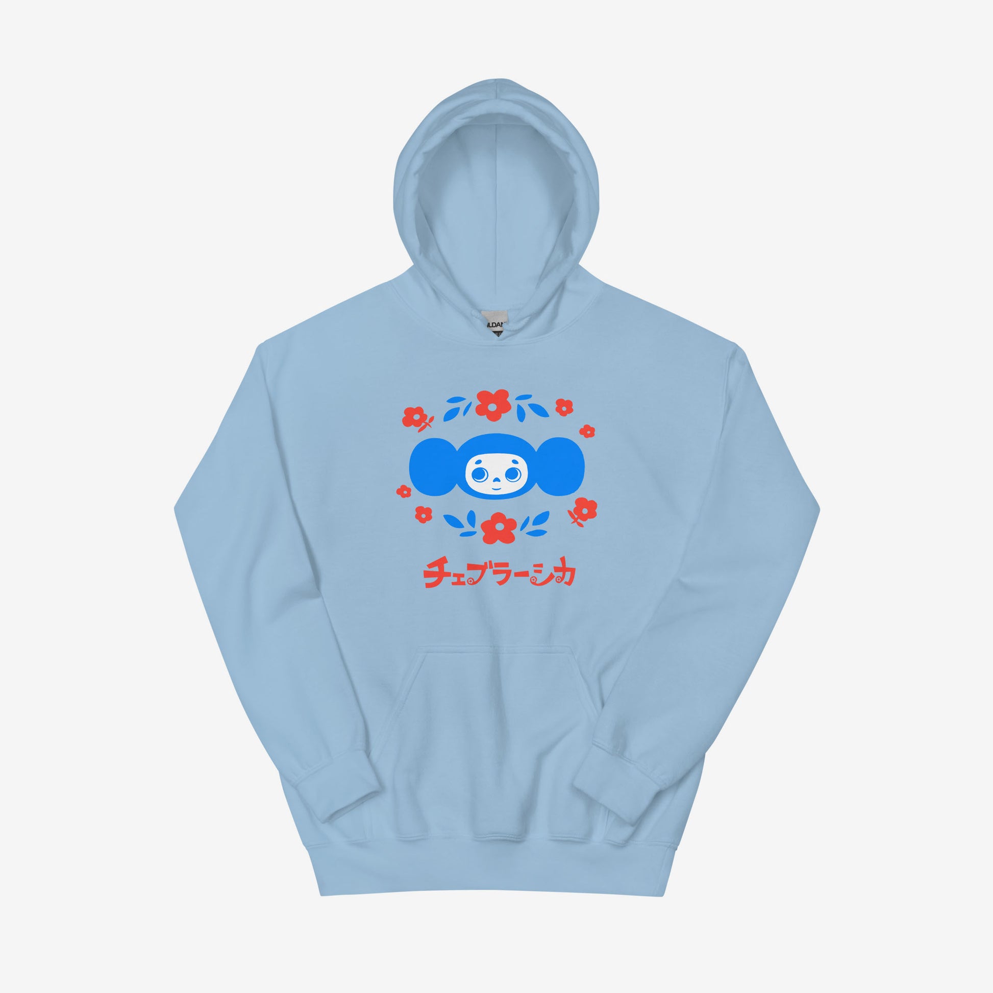 Unisex hoodie with Cheburashka holding a bouquet of flowers and Japanese チェブラーシカ logo in Soviet vintage cartoon style