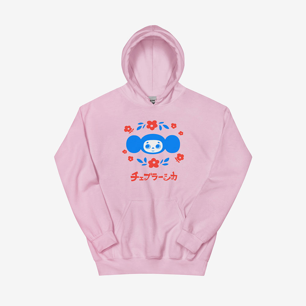 Unisex hoodie with Cheburashka holding a bouquet of flowers and Japanese チェブラーシカ logo in Soviet vintage cartoon style