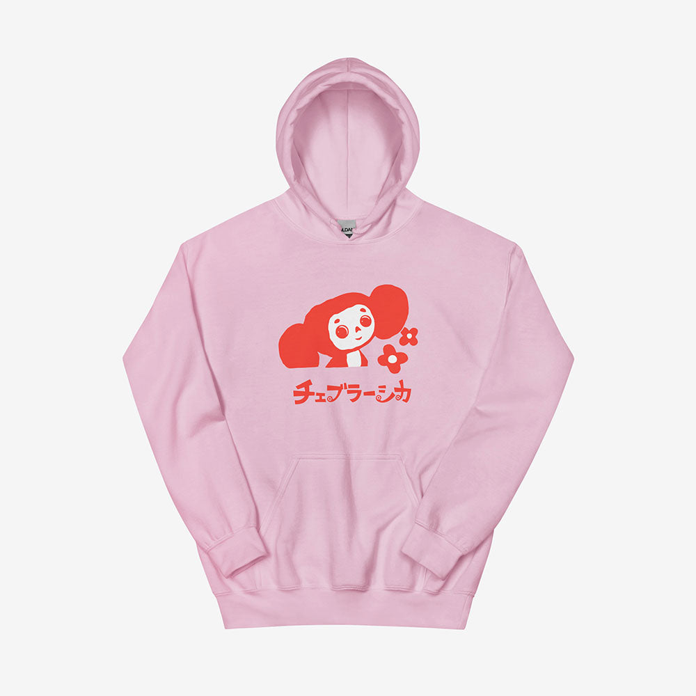 Unisex hoodie featuring Soviet cartoon character Cheburashka with flowers and チェブラーシカ text in Japanese.
