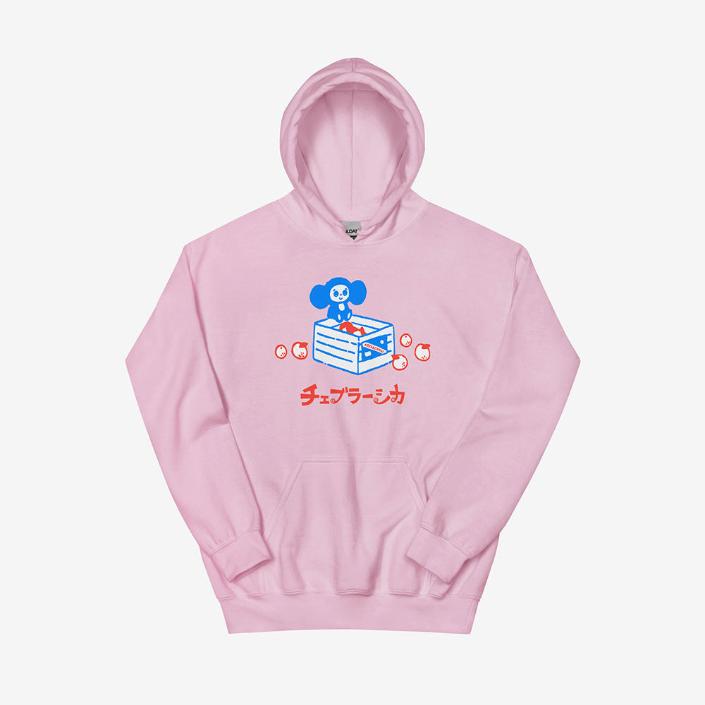 Unisex hoodie with a print of Soviet cartoon Cheburashka on a box of oranges with チェブラーシカ text in Japanese.