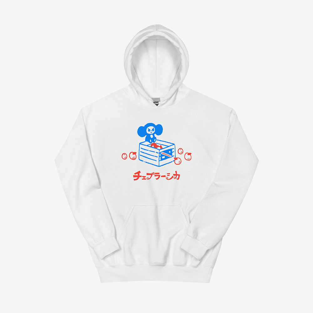 White unisex hoodie with a print of Soviet cartoon Cheburashka on a box of oranges with チェブラーシカ text in Japanese.