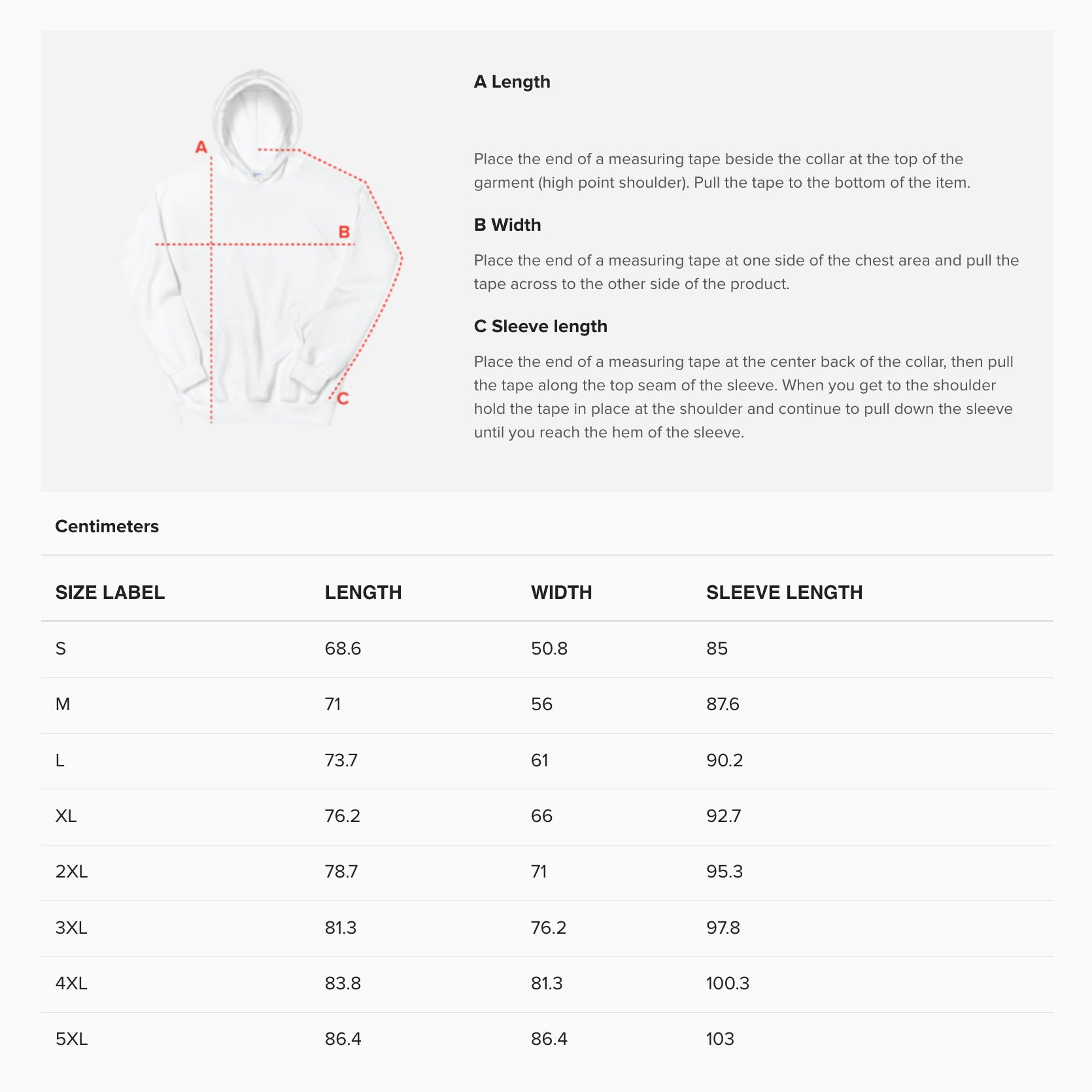 Unisex adult hoodie size guide. www.artsoviet.com