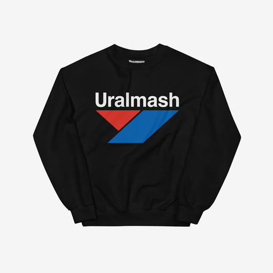 Black sweatshirt with large Uralmash Soviet heavy industry logo with small logo in Cyrillic Уралмаш on the necktag – USSR industrial heritage apparel. From artsoviet.com