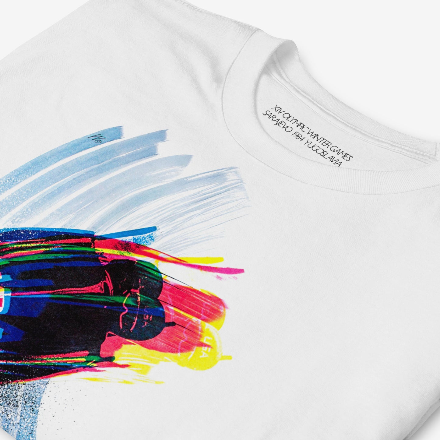 Vintage USA Bobsled Yugoslavia 1984 Winter Olympics graphic white unisex T-shirt. Closeup print details. www.artsoviet.com
