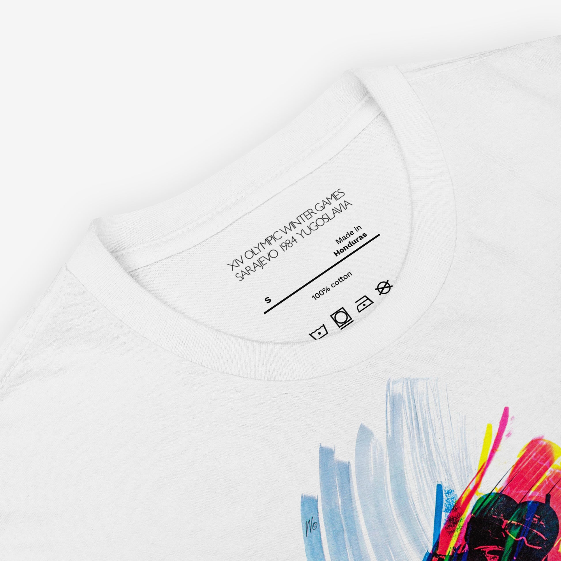 Vintage USA Bobsled Yugoslavia 1984 Winter Olympics graphic white unisex T-shirt. Branded necktag closeup. www.artsoviet.com