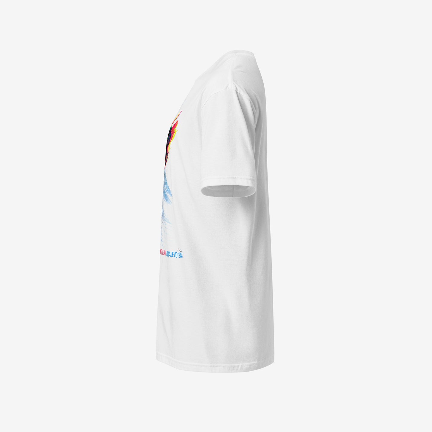 Vintage USA Bobsled Yugoslavia 1984 Winter Olympics graphic white unisex T-shirt. Left side. www.artsoviet.com