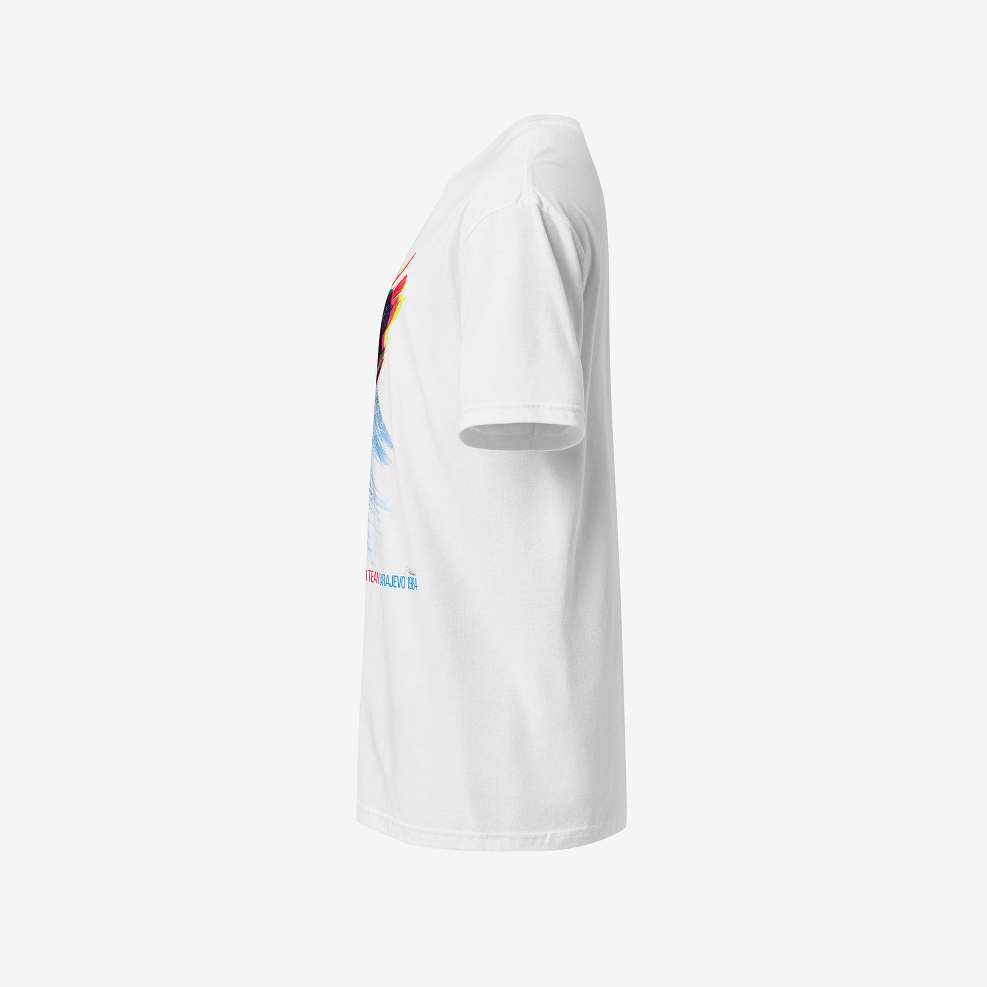 Vintage USA Bobsled Yugoslavia 1984 Winter Olympics graphic white unisex T-shirt. Left side. www.artsoviet.com