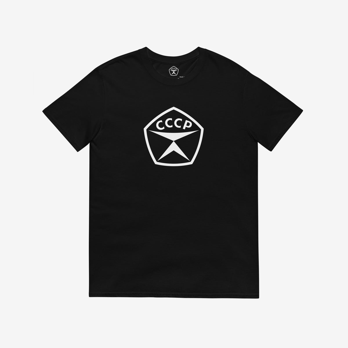 Black unisex T-shirt featuring large white USSR quality mark emblem logo 'СССР' (CCCP)