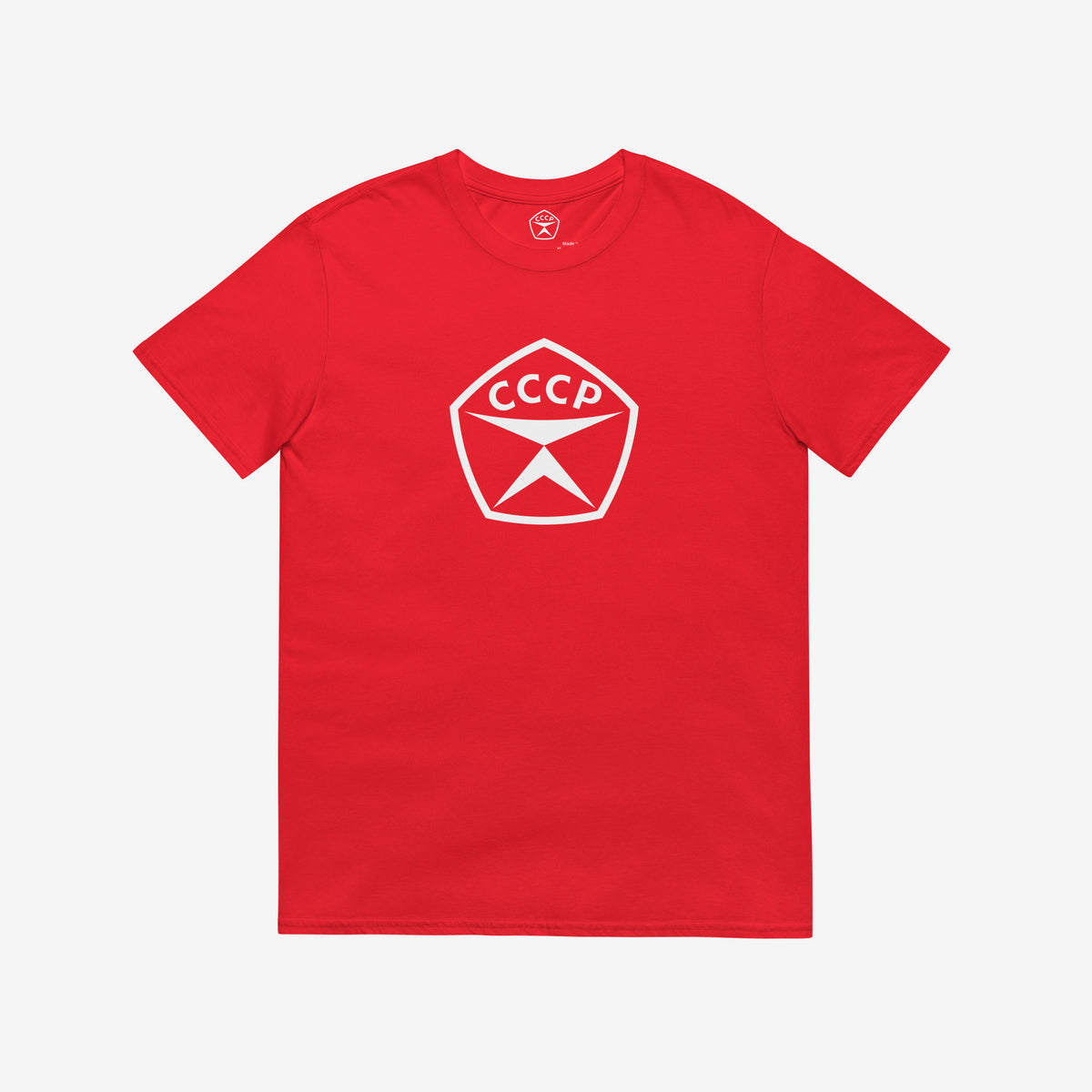 Red unisex T-shirt featuring large white USSR quality mark emblem logo 'СССР' (CCCP)