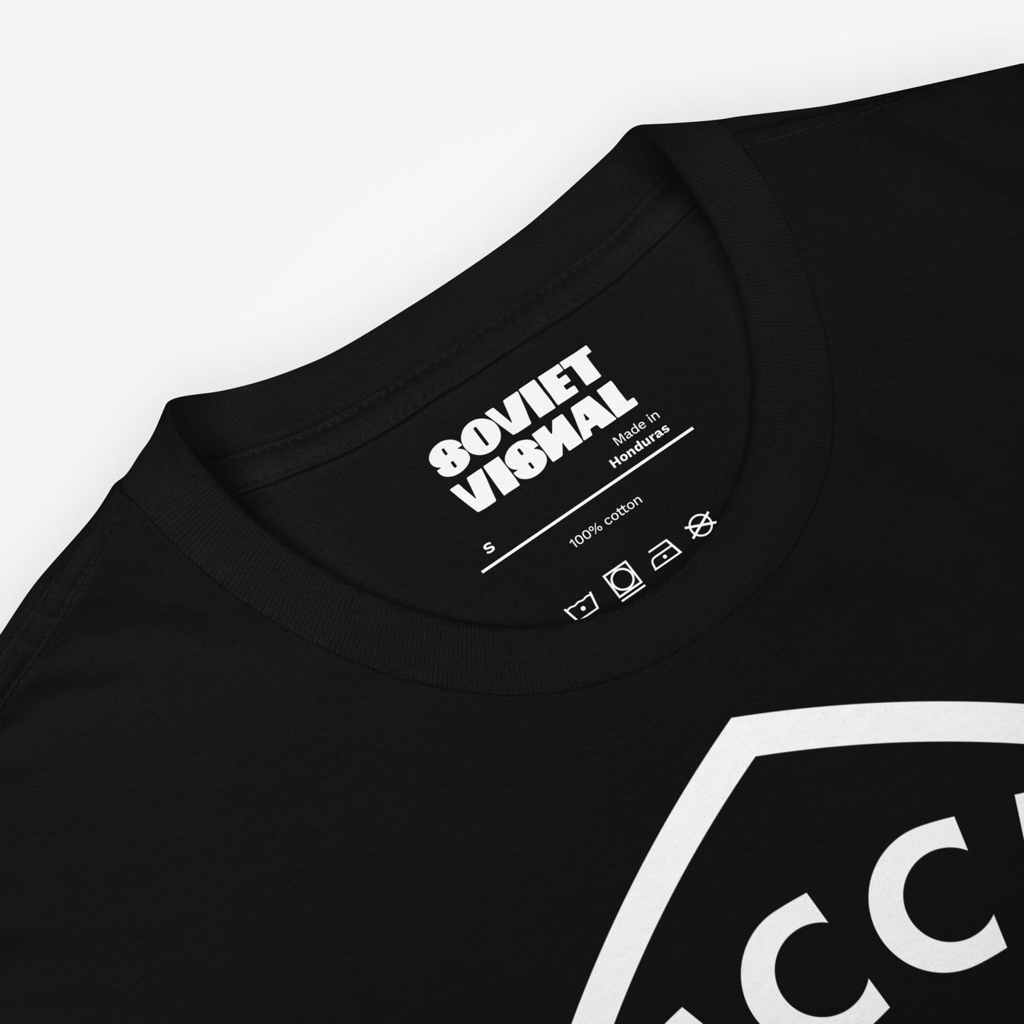 black unisex t-shirt with USSR State Quality Mark (Знак качества СССР). This symbol of excellence